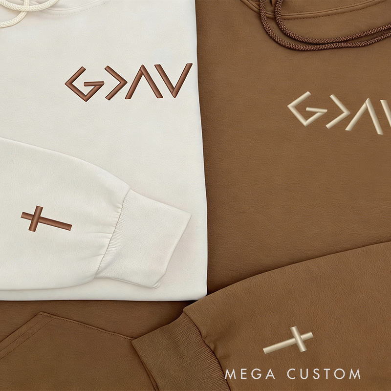 Personalized God is Greater than the Highs and Low Embroidered Hoodies with Custom Name Cross on Sleeve Couple Matching Sweatshirt Valentine Day Gift
