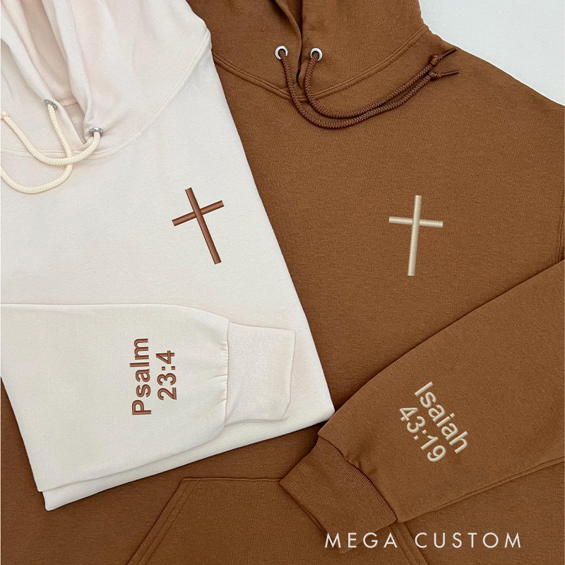 Personalized Cross Embroidered Hoodies with Custom Bible Verse On the Sleeve Couple Matching Sweatshirt Valentine Day Gift Couples Gift