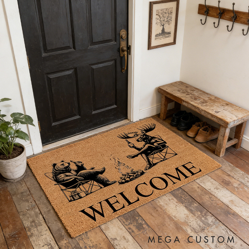 Personalized Welcome Bear & Moose Camp Fire Camping Cabin Funny Coir Doormat Door Mat Newlywed Wedding Gift New Home