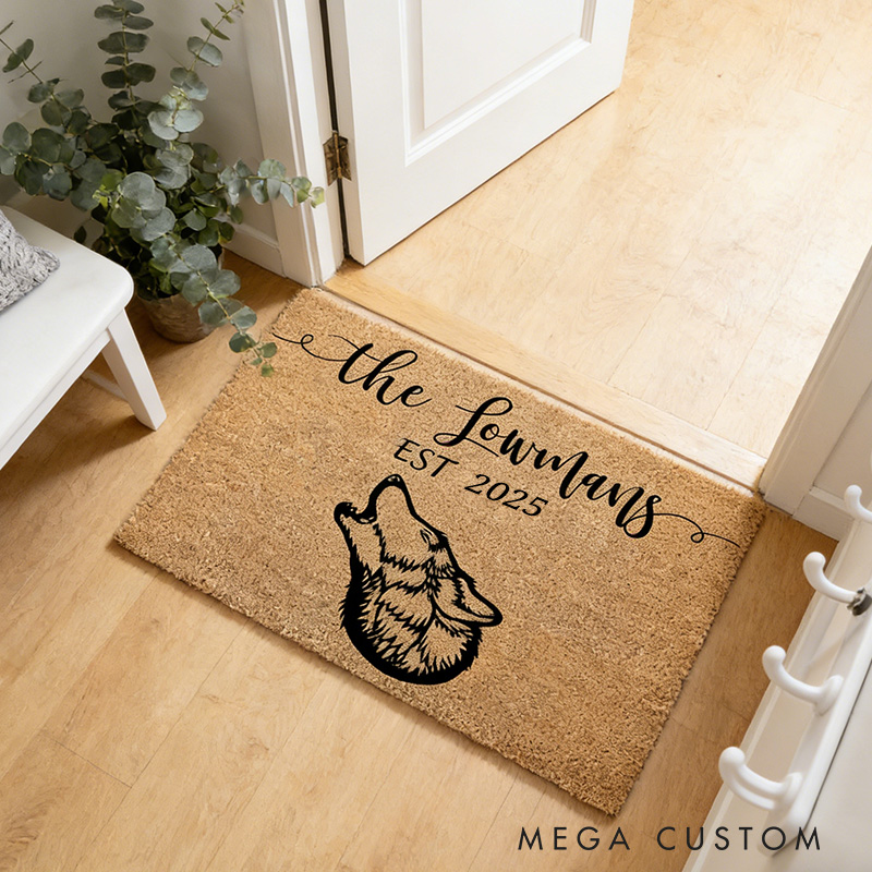 Personalized Welcome Mat Howling Wolf Design Doormat Wolf Welcome Mat Wildlife Lovers Gift