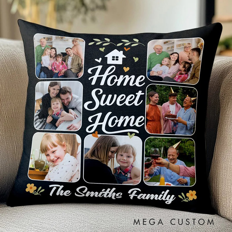 Personalized Home Sweet Home 7 Photos Soft Throw Pillow Cover with Text Home Decor Housewarming Gift for Family
