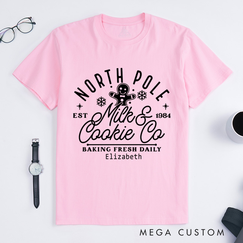 Personalized North Pole Milk and Cookie Co Classic T-Shirts Christmas Baking Christmas Cookie Shirt Gingerbread Christmas Gift