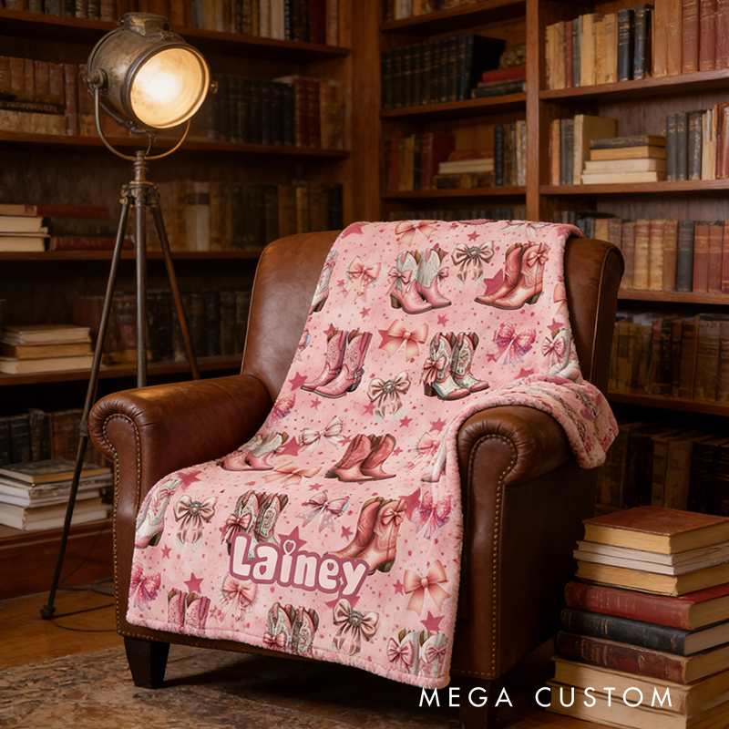 Personalized Pink Coquette Cowgirl Blanket Boots & Bows Pastel Western Custom Name Gift