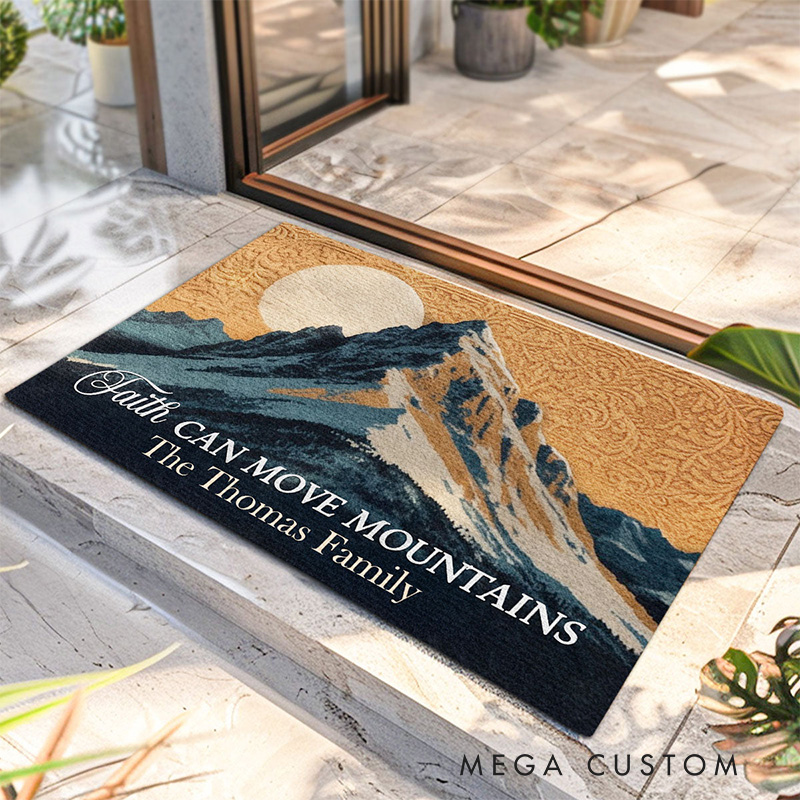 Personalized Faith can Move Mountains Doormat with Custom Family Name Non-Slip Durable Front Door Decor Religious Gift for Faithful Family