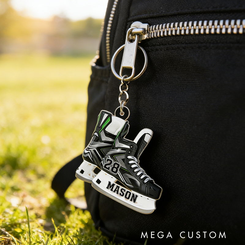 Personalized Ice Hockey Skate Keychain with Custom Name and Number Design