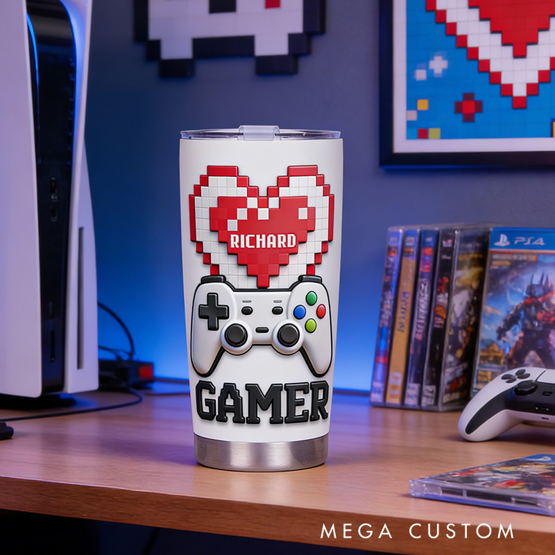 Personalized 2D Flat Pixel Heart 20oz Tumbler Gamer Stainless Steel Tumbler Player Controller Video Game Tumbler Gamer Gift