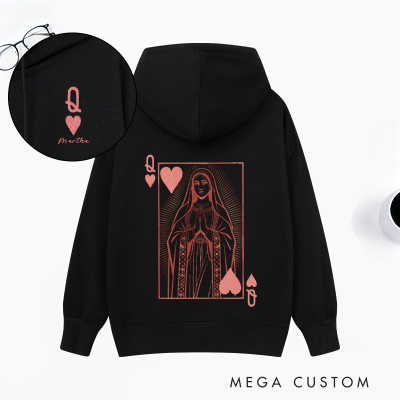 Personalized Virgin Mary Classic Queen of Hearts Hoodies with Custom Name Funny Valentines Day Sweatshirt Valentine Day Gift for Her