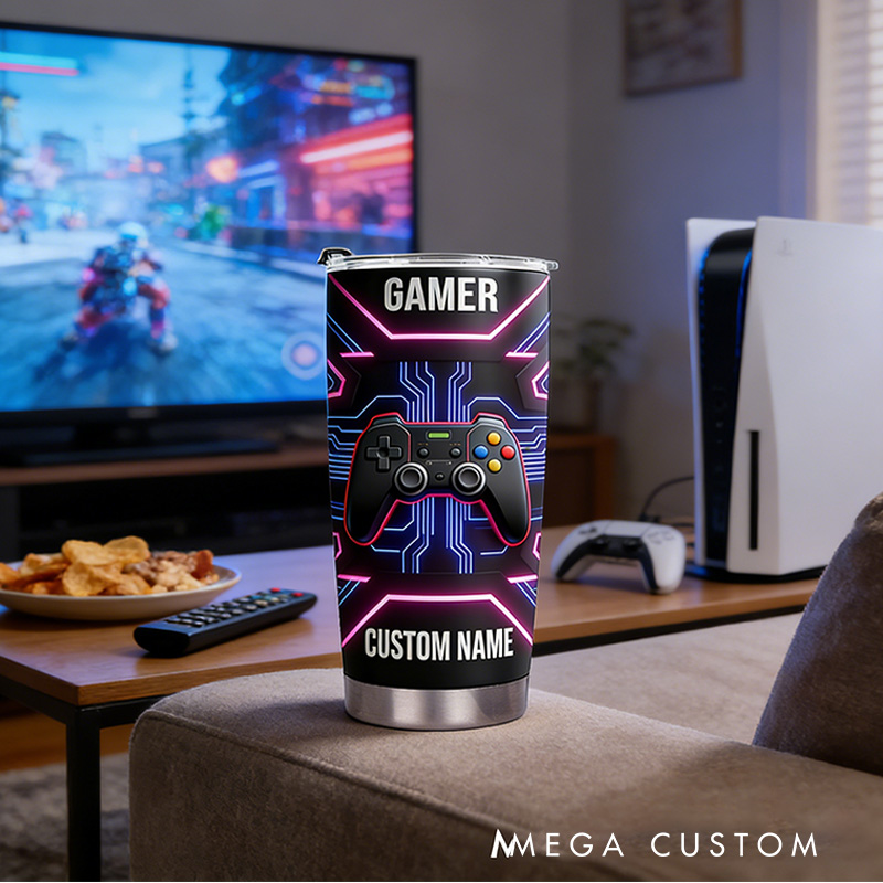 Personalized 2D Flat Cyber Gamer 20oz Tumbler Gamer Stainless Steel Tumbler Player Controller Video Game Tumbler Gamer Gift