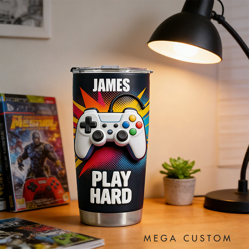 Personalized 2D Flat Comic Style Play Hard 20oz Tumbler Gamer Stainless Steel Tumbler Player Controller Video Game Tumbler Gamer Gift