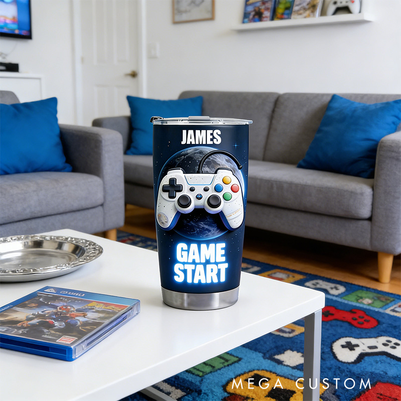 Personalized 2D Flat to the Moon Game Start 20oz Tumbler Gamer Stainless Steel Tumbler Player Controller Video Game Tumbler Gamer Gift