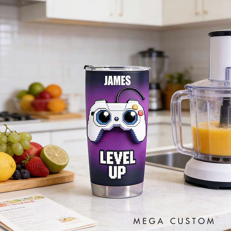 Personalized 2D Flat Pixel Level Up 20oz Tumbler Gamer Stainless Steel Tumbler Player Controller Video Game Tumbler Gamer Gift