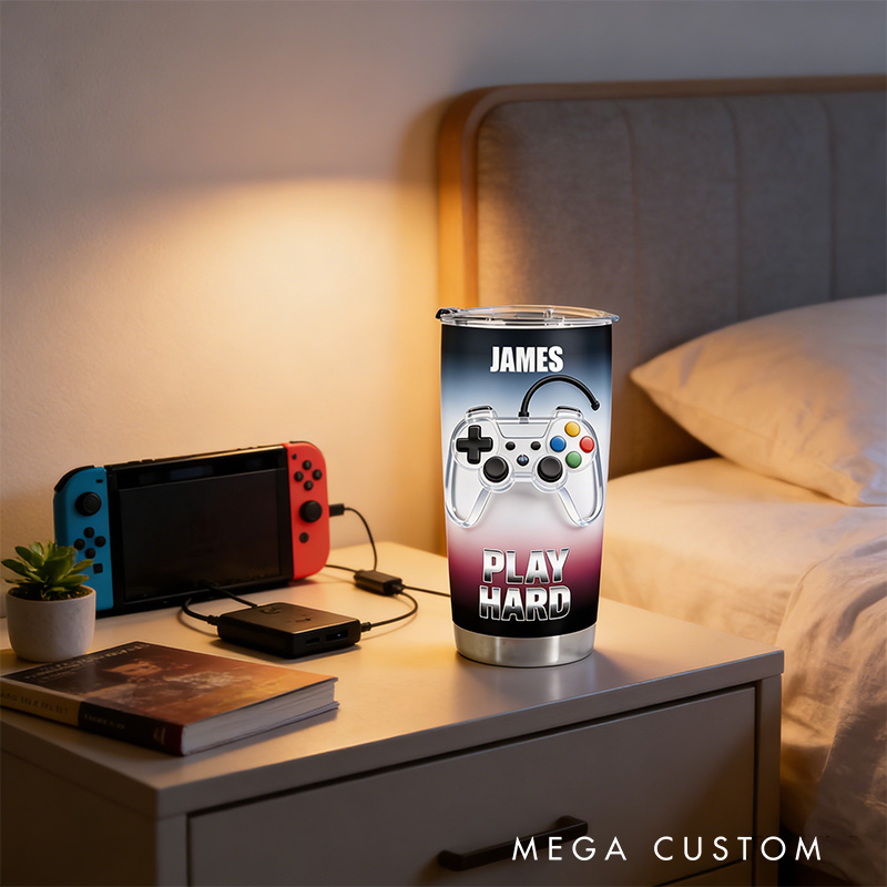 Personalized 2D Flat Fashion Play Hard 20oz Tumbler Gamer Stainless Steel Tumbler Player Controller Video Game Tumbler Gamer Gift