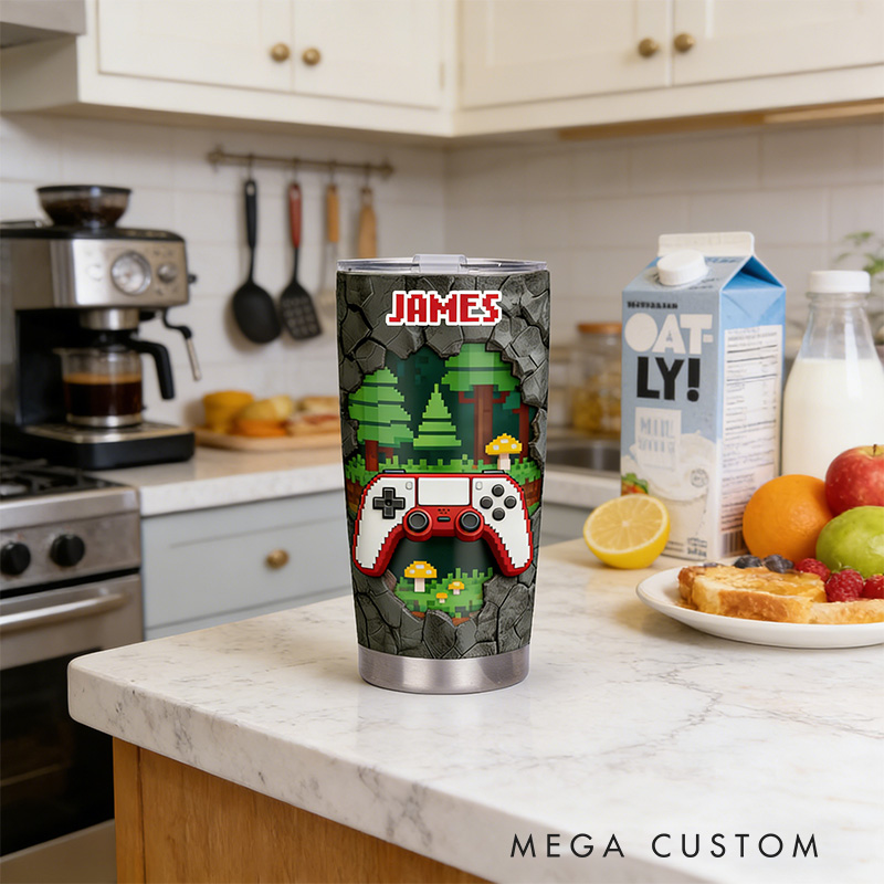 Personalized 2D Flat Pixel Forest 20oz Tumbler Gamer Stainless Steel Tumbler Player Controller Video Game Tumbler Gamer Gift