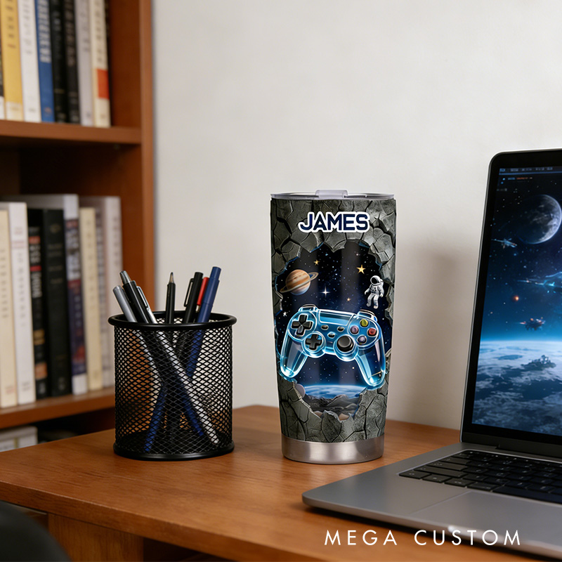 Personalized 2D Flat Space Controller 20oz Tumbler Gamer Stainless Steel Tumbler Player Controller Video Game Tumbler Gamer Gift