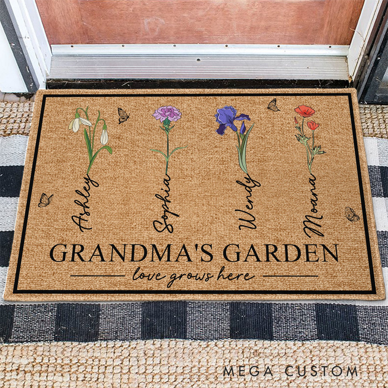 Personalized Grandma's Garden Doormat Custom Birth Flower Welcome Mat with Name for Mom Grandma Gardening Lover Family Grandma