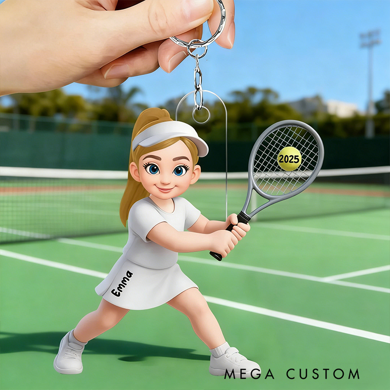 Personalized Tennis Player Keychain with Custom Name and Year Design
