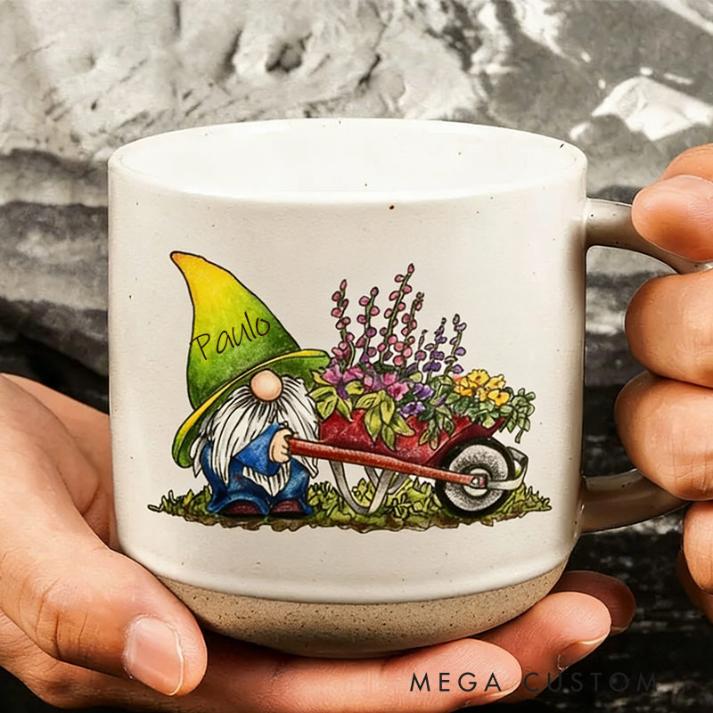 Personalized Gnome Garden Delight Ceramic Mug Custom Pottery Mug with Name Gift for Gardening Lovers