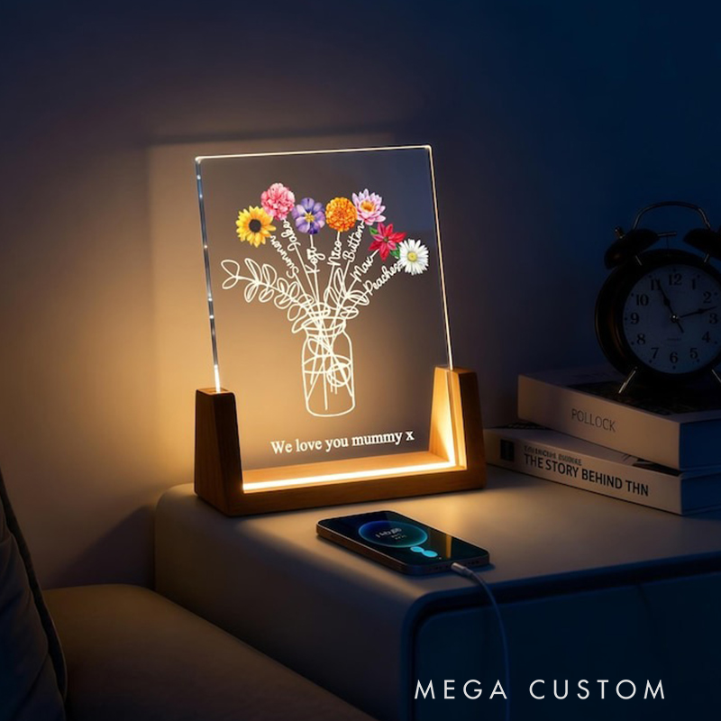 Personalized Family Bouquet Night Light Mothers Day Gift Mum's Bunch with Kids Name Birth Flower Lamp Gift for Mom 