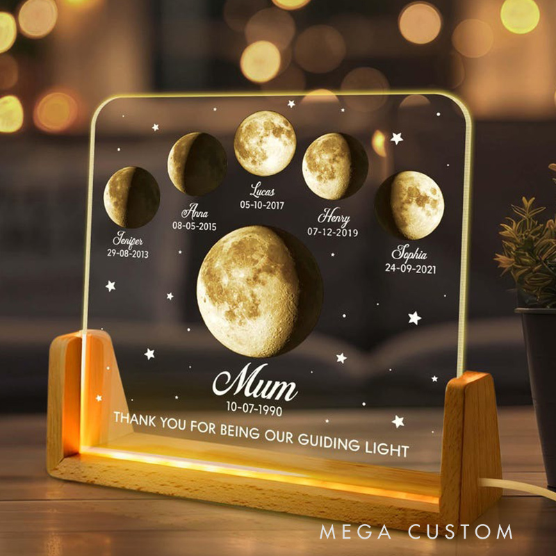 Personalized Moons Phase with Kids Names Custom Moons Phase LED Night Light Mother’s Day Gifts Gift for Mama