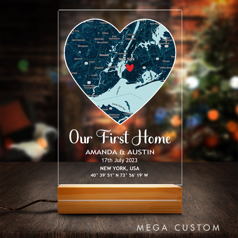 Personalized First Home Heart Map Plaque Custom LED Night Light for Couples Valentine’s Day Gift Housewarming Gift