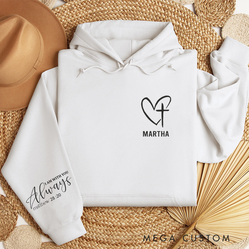 Personalized I am with You Always Heart and Cross Classic Hoodies with Custom Name Bible Verse Sleeve Print Sweatshirt Valentine Day Gift for Her