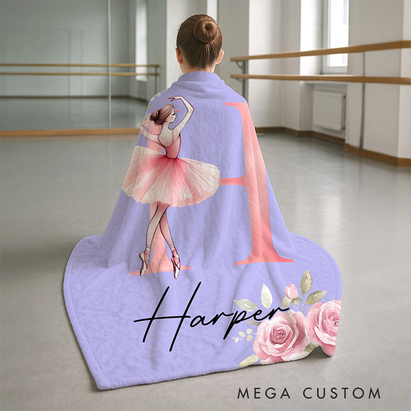 Personalized Rose Cartoon Ballerina Girl Blanket Flannel Blanket Ballet Lover Blanket with Name for Dance Lovers Dance Team Birthday Gift for Girls