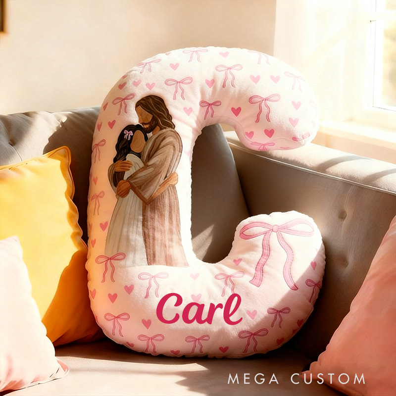 Personalized God is My Savior Jesus Holding Letter Pillow with Custom Name Kid Room Decor Pink Bows Heart Christian Pillow Religious Gift for Her