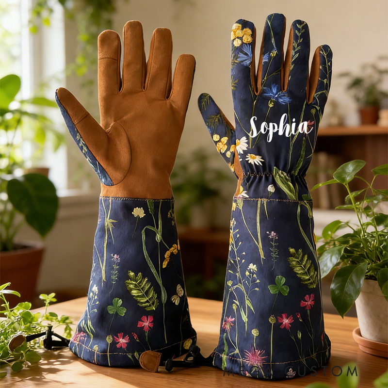 Personalized Floral Garden Gloves Long Cotton Twill Arm Protection with Name for Gardener and Gardening Lovers