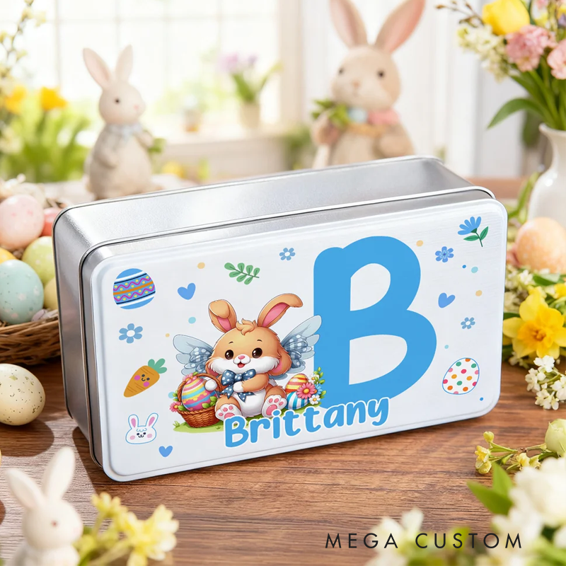 Personalized Cartoon Bunny Easter Eggs Food Grade Metal Biscuit Tin Storage Box with Name Easter Holiday Gift for Family Kids