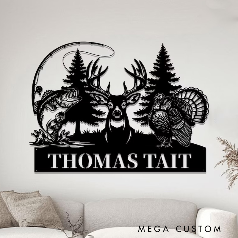 Personalized Hunting Name Metal Sign Custom Deer Turkey & Bass Fishing Wall Art Outdoor Hunting Decor Hunter Gift Name Sign