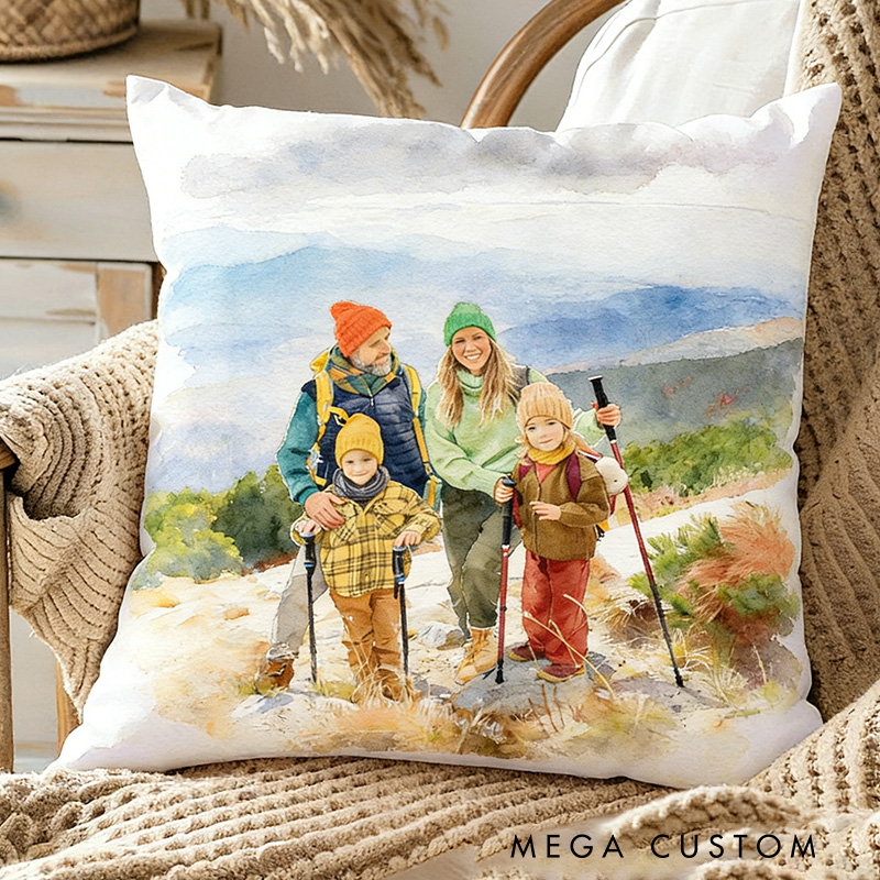 Personalized Custom Watercolor Family Portrait Pillow Custom Photo Pillows for Family Outdoor Hiking Camping Lover