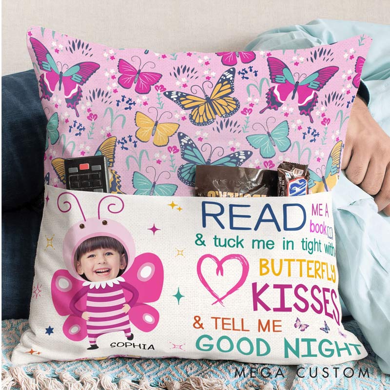 Personalized Photo Book And Butterfly Kisses Pocket Pillow with Name for Bookish Kids Book Lover Reading Lover