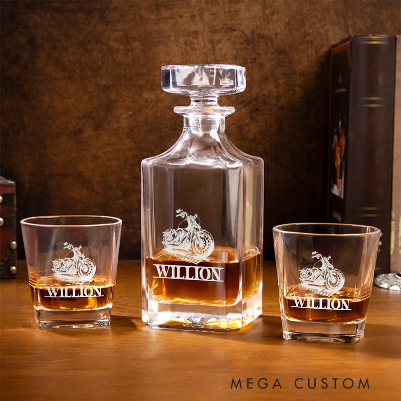 Personalized Motorcycle Gifts Custom Engraved Whiskey Decanter and Glass Set with Name Wooden Box for Biker and Whiskey Lovers