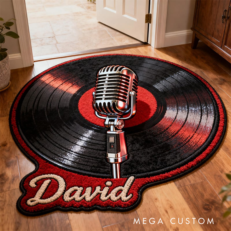 Personalized Record And Microphone Rug for Music Lovers Gift for Kids Singer Music Studio