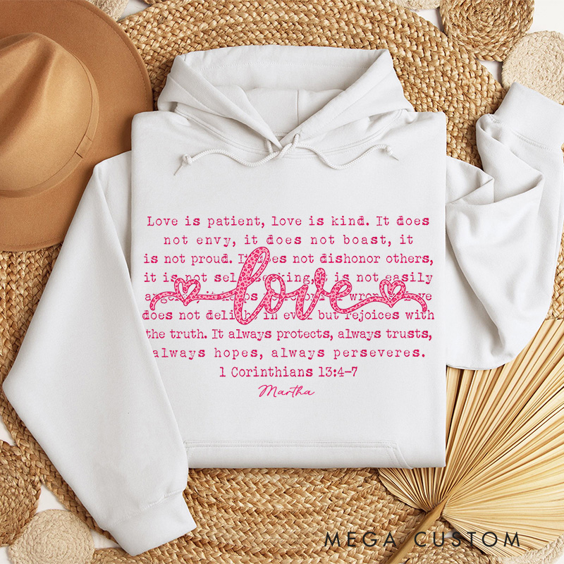 Personalized Love is Patient Love is Kind Classic Hoodies with Custom Name Retro Love Leopard Christian Valentine Sweatshirt Valentine's Day Gift
