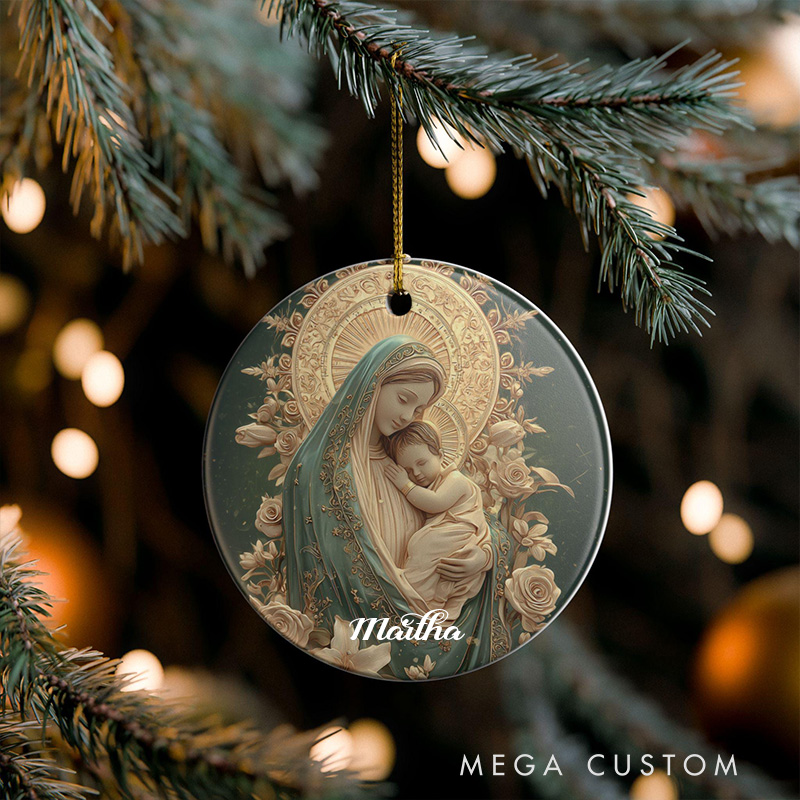 Personalized Our Lady of Joy Catholic Ceramic Christmas Ornament with Custom Name Madonna & Child Relief Style Catholic Ornament Gift Mom Gift