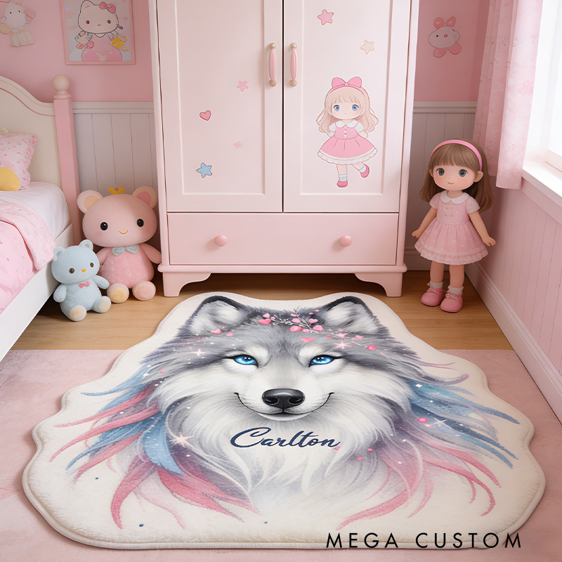 Personalized Custom Watercolor Wolf Rug for Kids' Room Nature Lovers Rug Gift for Wildlife Outdoors