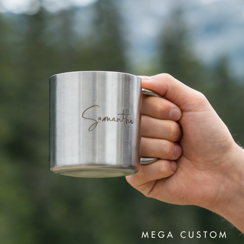 Personalized Camping Mug Engraved Stainless Steel Carabiner Mug Backpacker Mountain Climber Mug gift for hiking Outdoors 