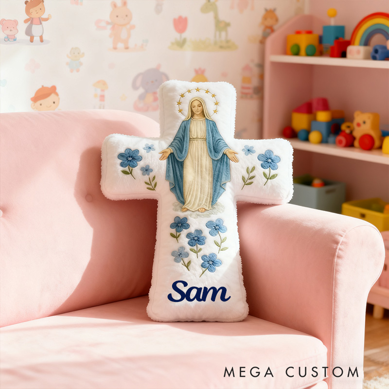 Personalized Catholic Virgin Mary Cross Pillow with Custom Name Home Decor Our Lady Pillow Blue Floral Catholic Marian Pillow Christian Gift for Women