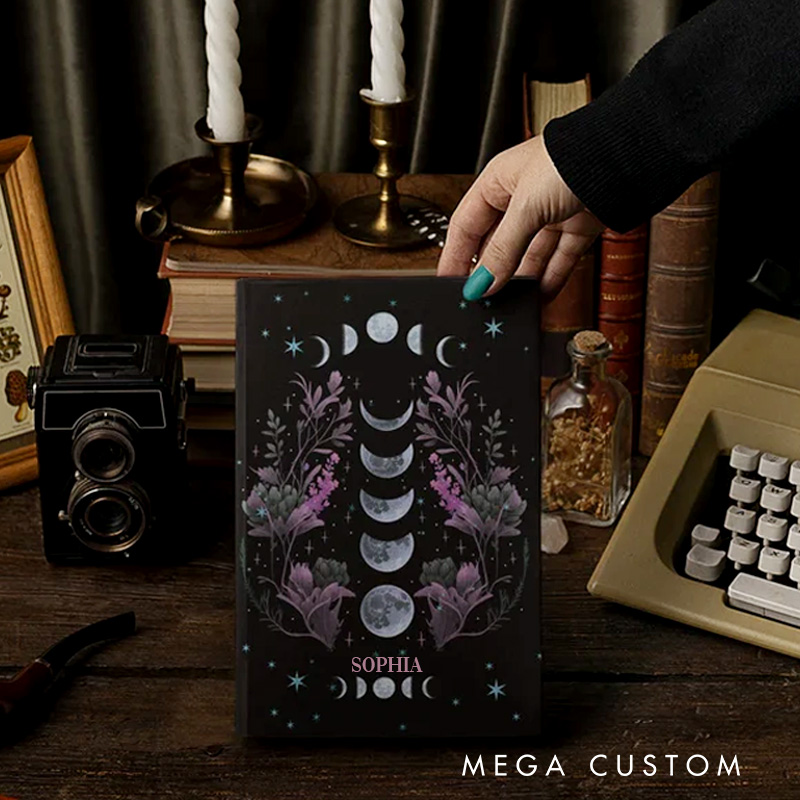 Personalized Violet Moon Phases Book of Shadows Hardcover Journal Grimoire Witchy Tarot Notebook Magic Lover Gift Manifestation Spell Book