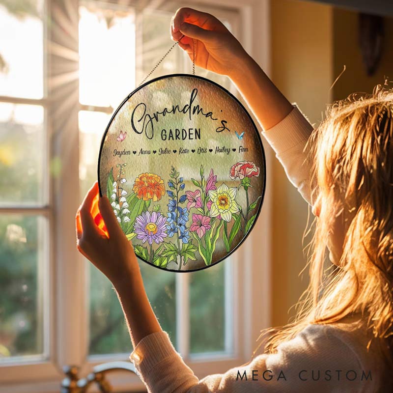 Personalized Birth Flowers Glass Art Suncatcher Grandma's Garden Gift with Name for Gardening Lovers