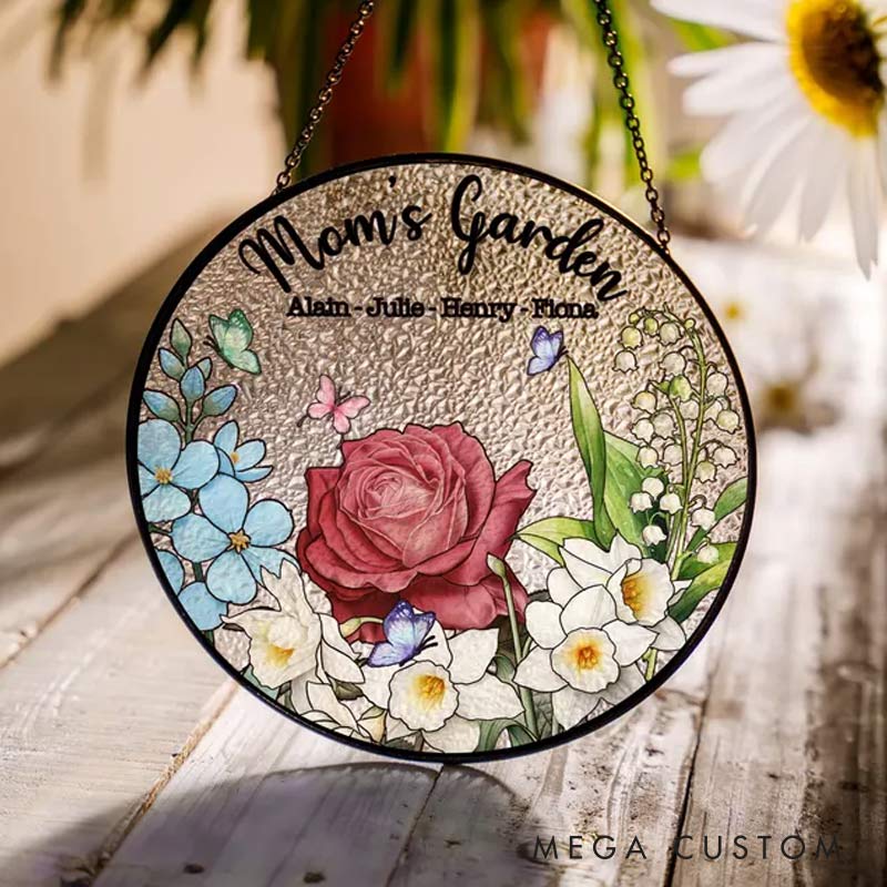 Personalized Birth Flowers Grandma's Garden Stained Glass Suncatcher with Name for Gardening Lovers