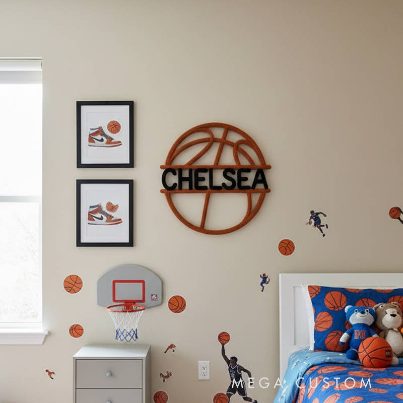 Personalized Handcrafted Basketball Yarn Name Sign Custom Nursery Wall Decor for Babies & Kids Perfect Keepsake Gift