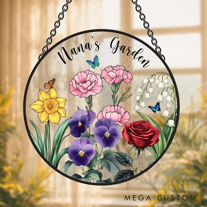 Personalized Family Birth Flowers Glass Suncatcher Home Decor with Name for Gardening Lovers
