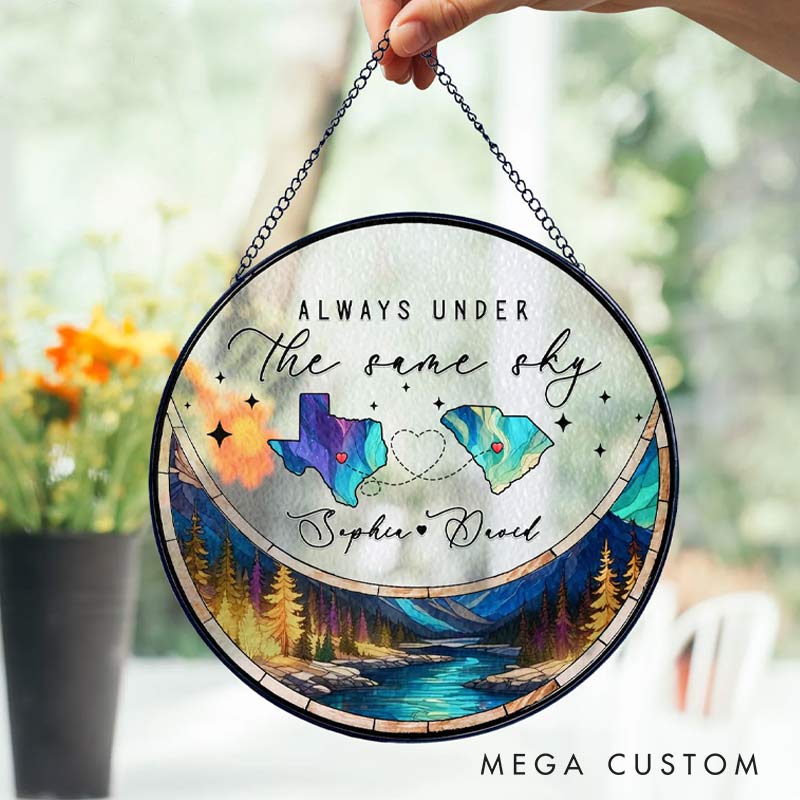 Personalized Long Distance Relationships Stained Glass Suncatcher Two Countries Ornament for Traveling Lovers 