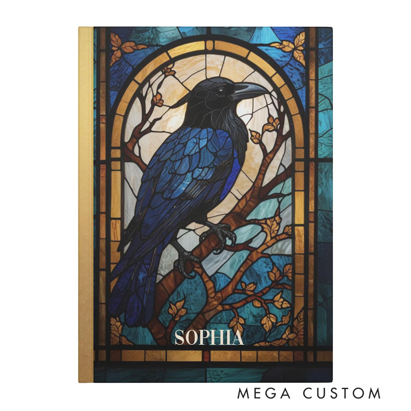 Personalized Faux Stained Glass Raven Hardcover Journal Witchy Notebook Magic Lover Gift Manifestation Spell Book