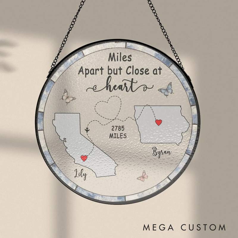 Personalized Long Distance Friendship Relationship Stained Glass Suncatcher Miles Apart Keepsake for Traveling Lovers 