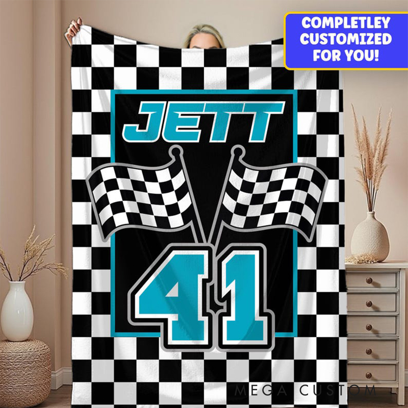 Personalized Racing Gifts Custom Name and Number Blanket with Checkerboard Flag Design Black and White Throw for Racing and Car Lovers