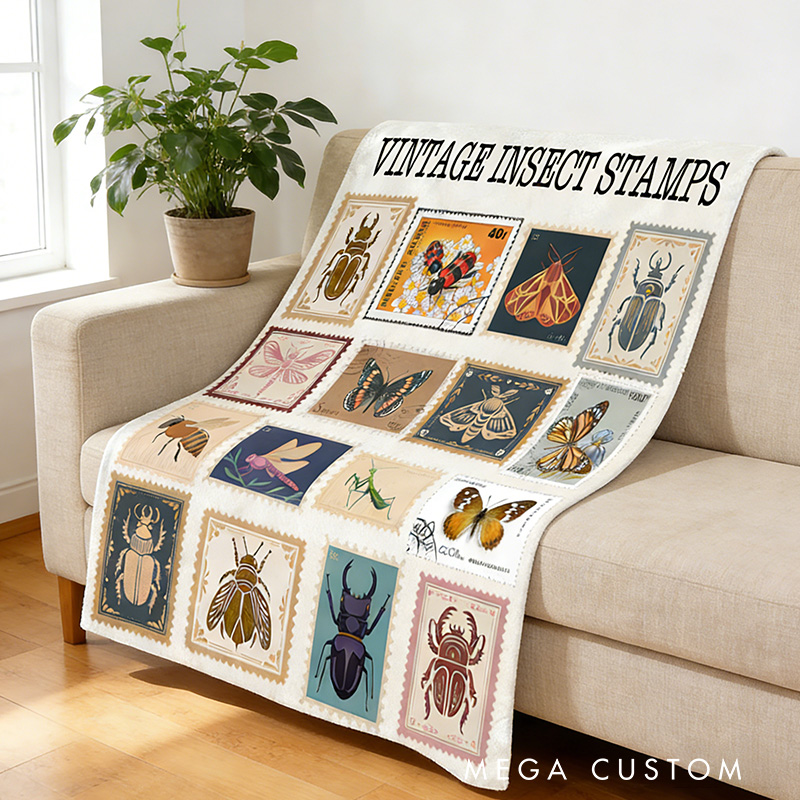 Personalized Vintage Insect Stamps Blanket Retro Bugs Kid Blanket Vintage Entomologist Blanket Outdoor Nature Enthusiasts Gift