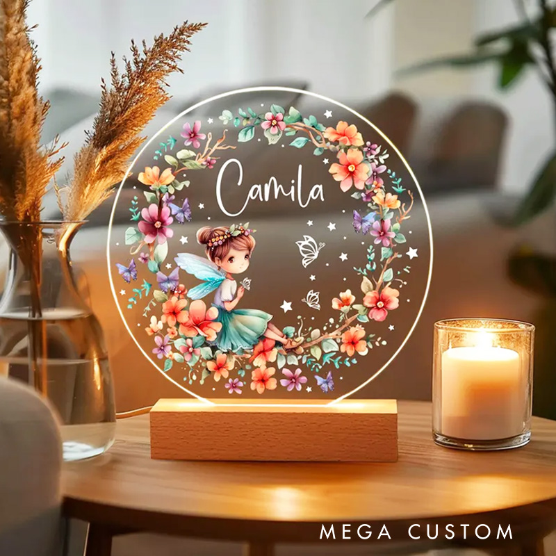 Personalized Fairy LED Night Light Floral Butterfly Lamp with Name for Kids Girls Gardener Floral Light Gardening Gift